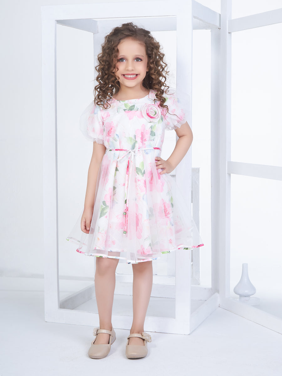 Girls Floral Printed Layered Pleated Dress