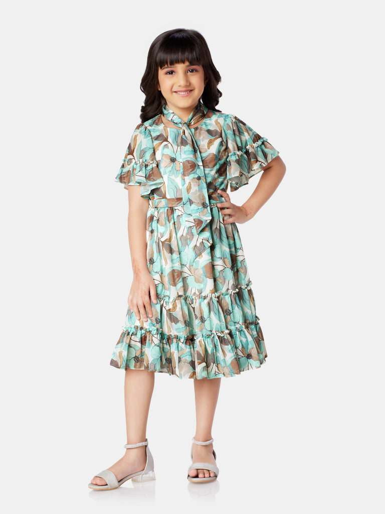 Girls Floral Print Dress with Scarf 18038