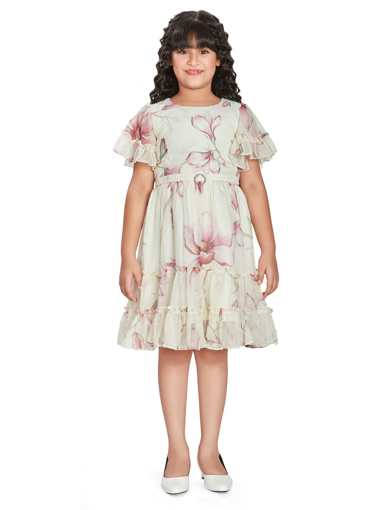 Girls Floral Print Dress with Scarf 16347