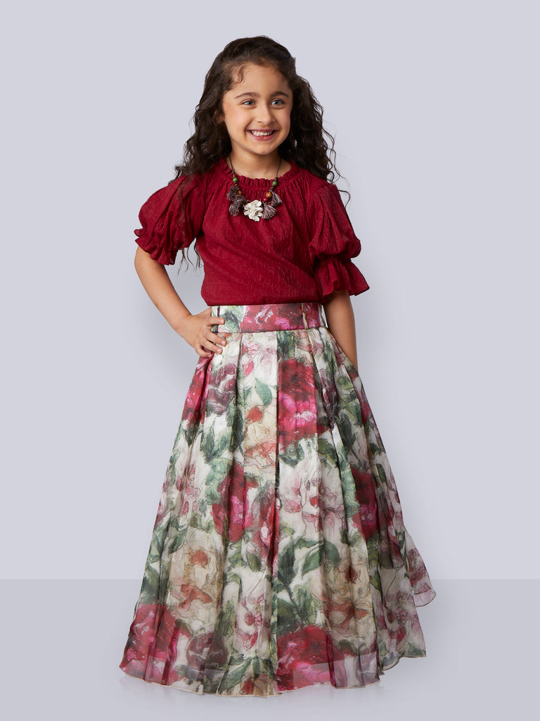 Girls Floral Print Skirt Top with Neckpiece 15511