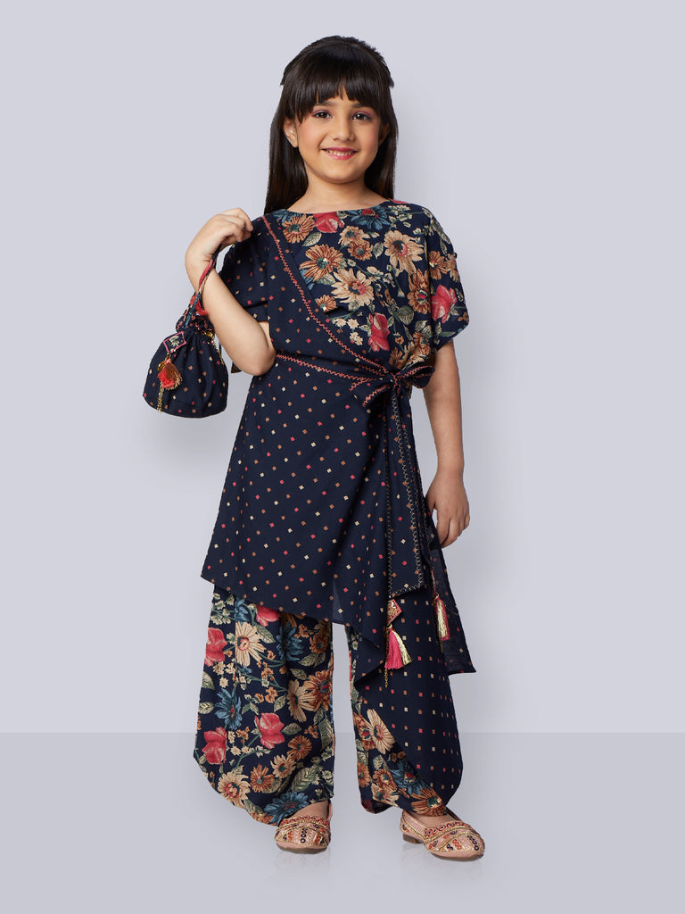 Girls Floral Print Top with Pant & Purse 16099