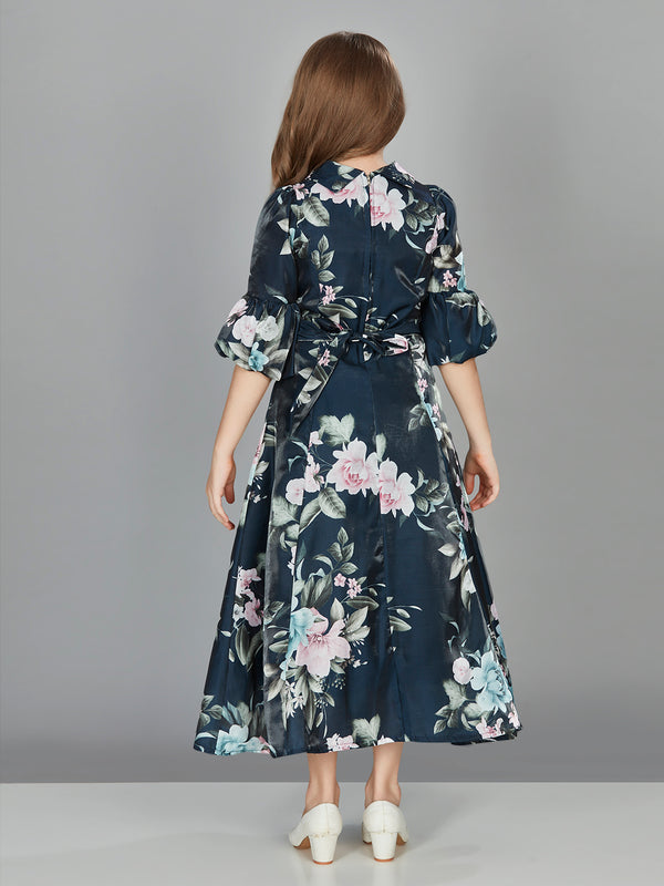Girls Floral Print Gown with Belt 17055