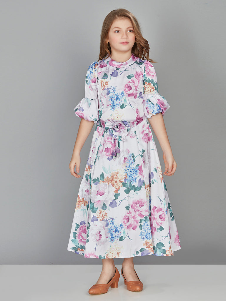 Girls Floral Print Gown with Belt 17056