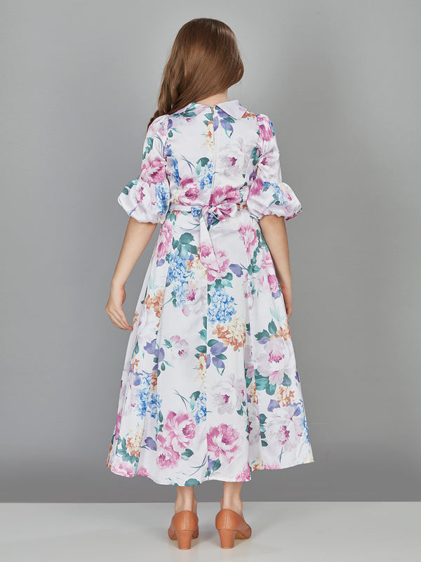 Girls Floral Print Gown with Belt 17056