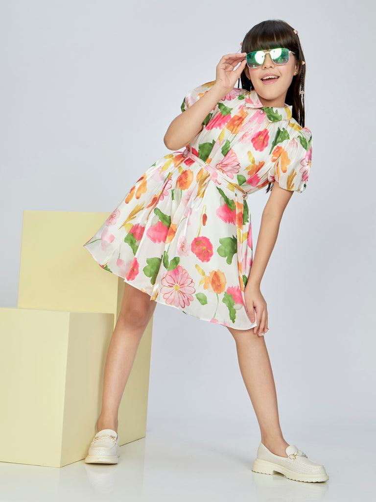 Girls Floral Print Dress with Belt 17064