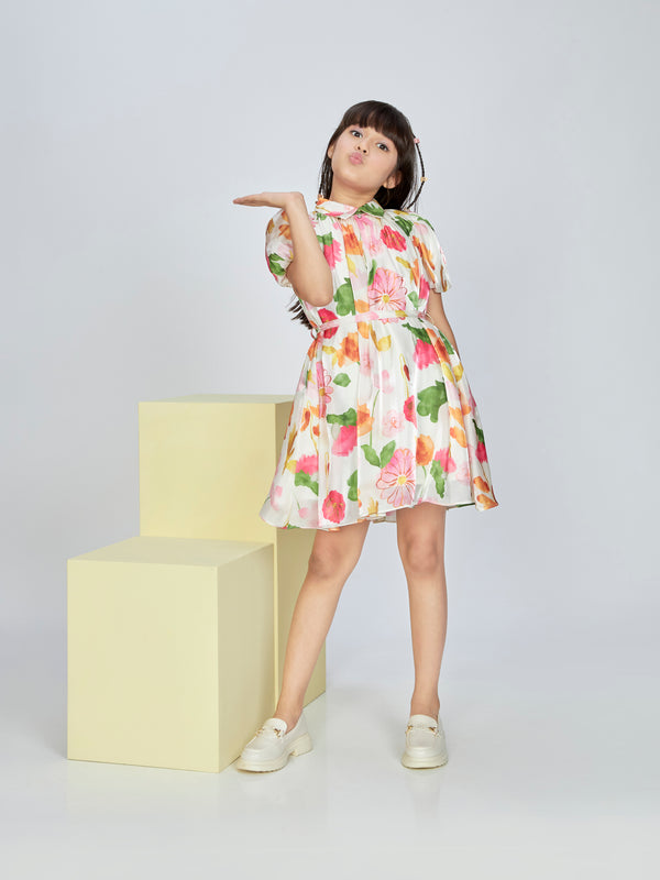 Girls Floral Print Dress with Belt 17064
