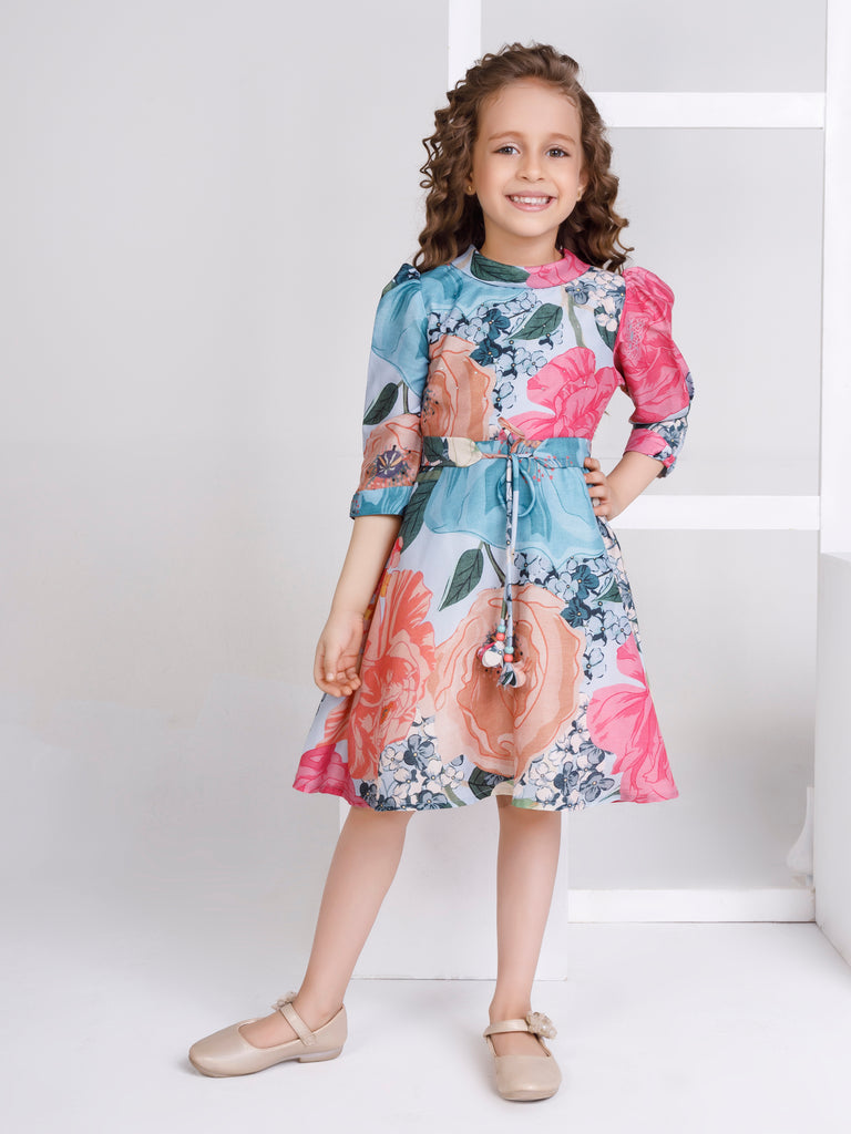 Girls Floral Print Dress with Belt 17281