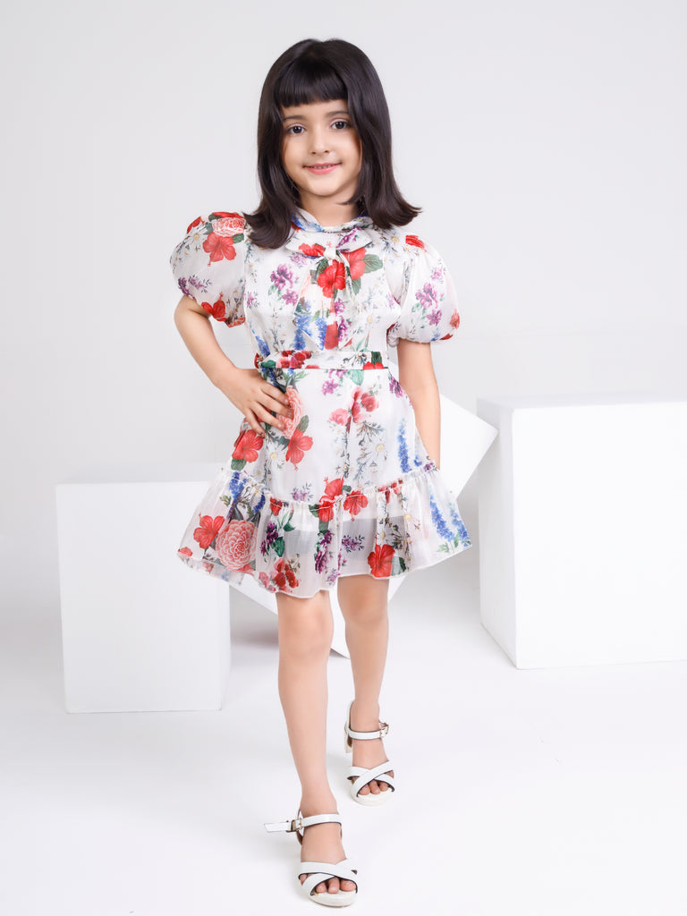 Girls Floral Print Dress with Belt 17292