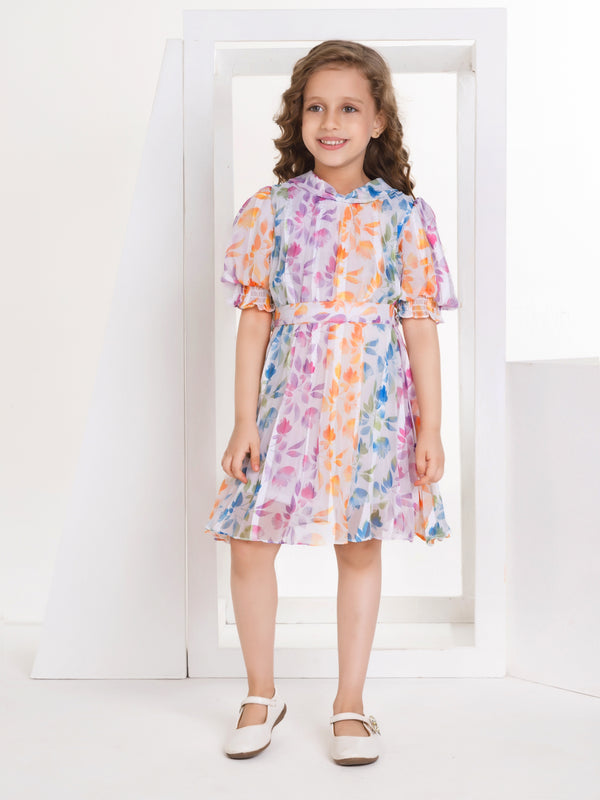 Girls Floral Print Dress with Belt 17307