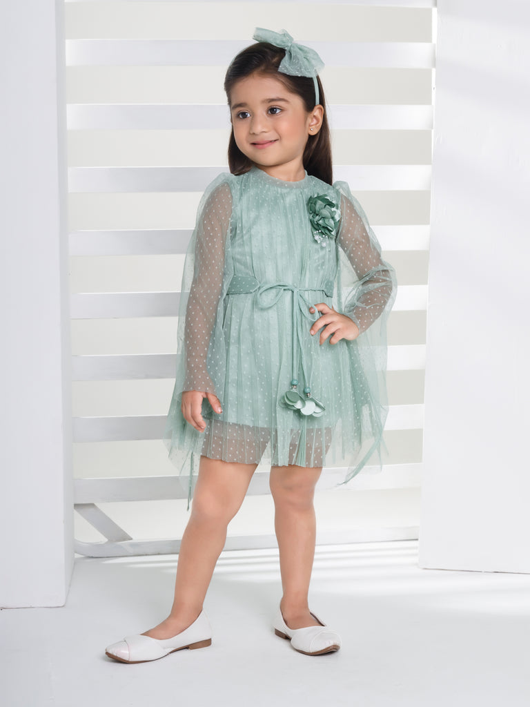 Girls Design Net Dress with Belt 17315