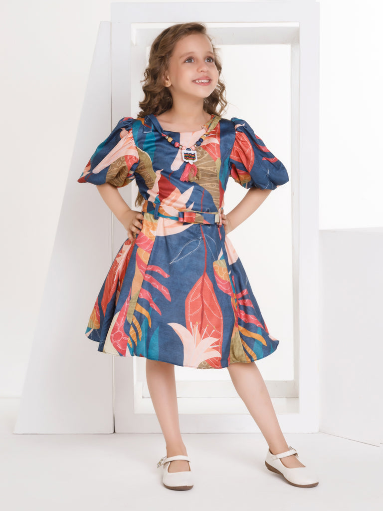 Girls Abstract Print Dress with Belt 17323