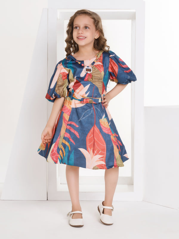 Girls Abstract Print Dress with Belt 17323