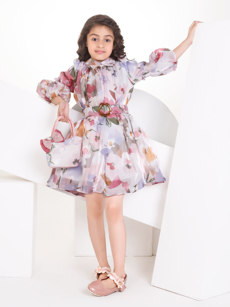 Girls Floral Print Dress with Belt & Purse 17347