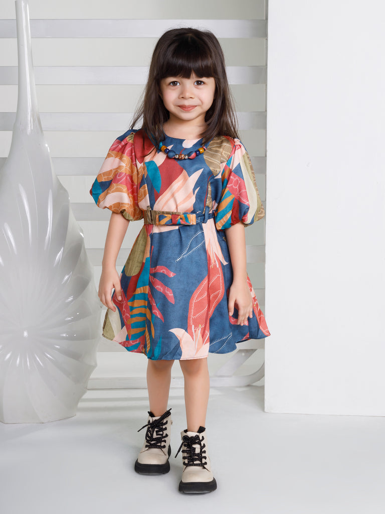 Girls Abstract Print Dress with Belt 18677