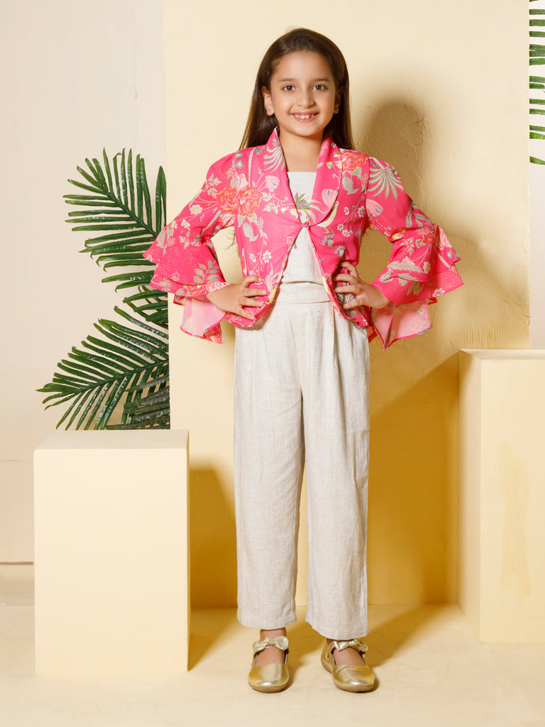 Girls Tropical Print Pant with Top & Jacket 18704