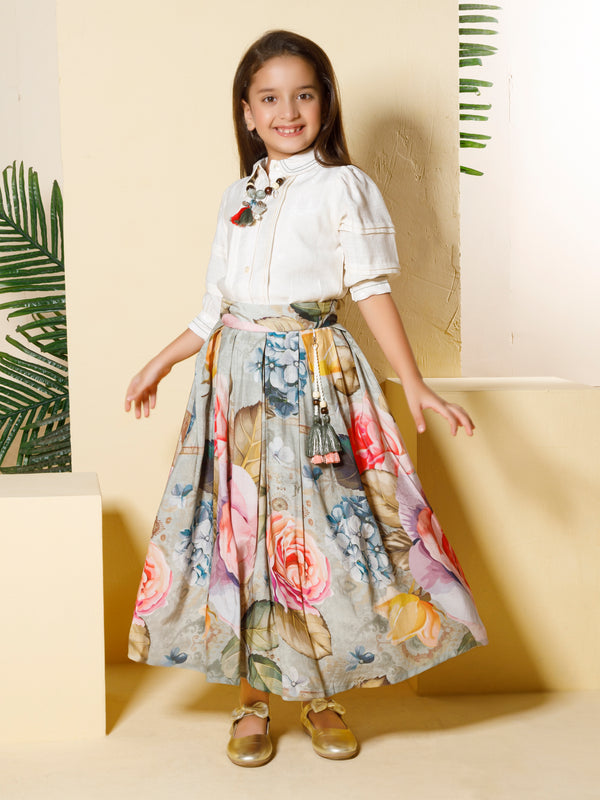 Girls Floral Print Skirt Top & Neckpiece 18709