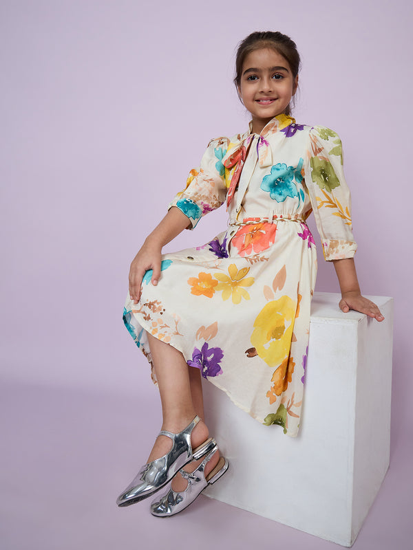 Girls Floral Print Dress with Belt 18720