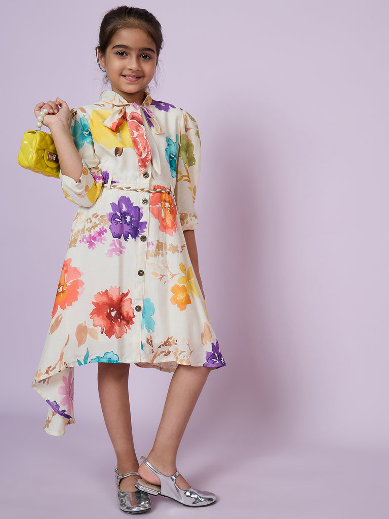 Girls Floral Print Dress with Belt 18720