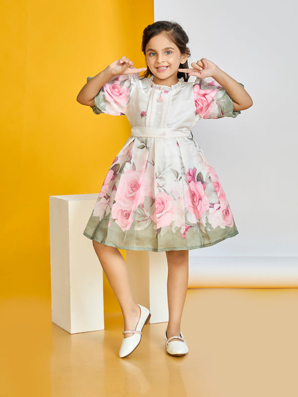 Girls Floral Print Dress with Belt 19717
