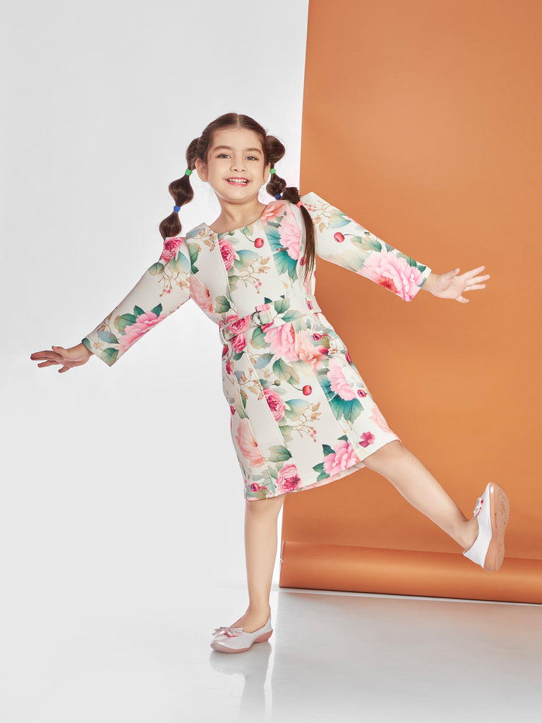 Girls Floral Print Dress with Belt 19813