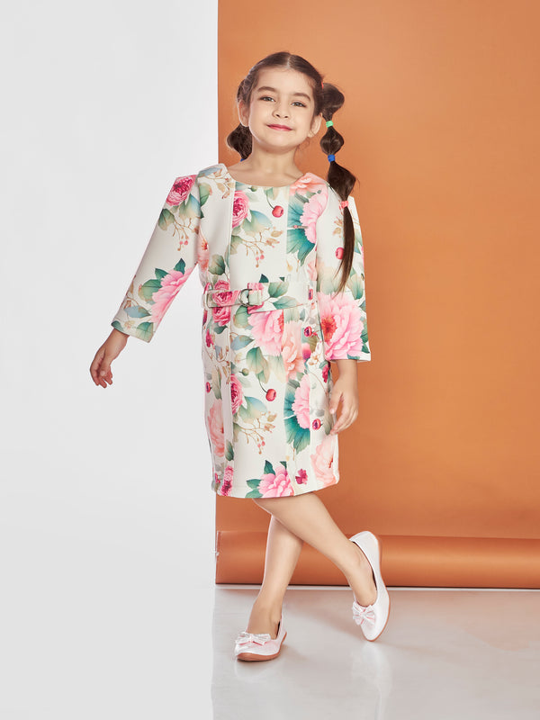Girls Floral Print Dress with Belt 19813