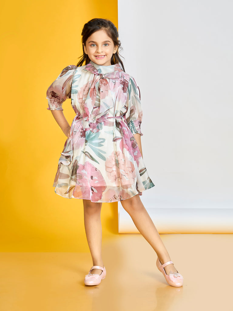 Girls Floral Print Dress with Belt 19816