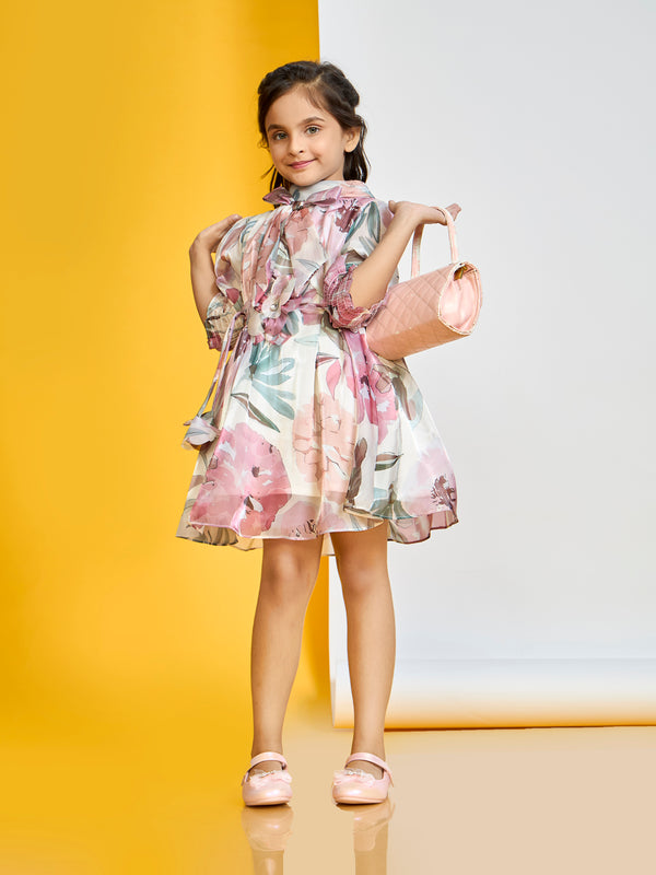 Girls Floral Print Dress with Belt 19816