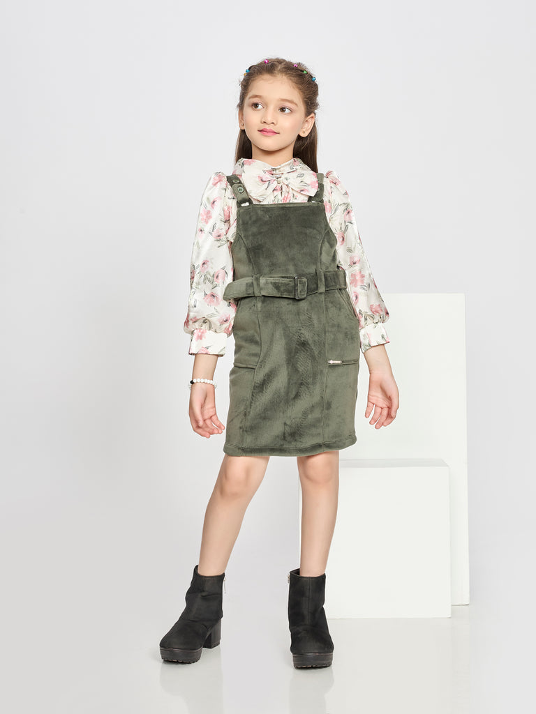 Girls Floral Print Dungaree & Top with Belt 19874