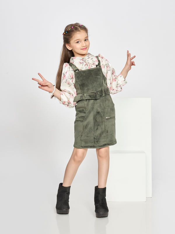 Girls Floral Print Dungaree & Top with Belt 19874