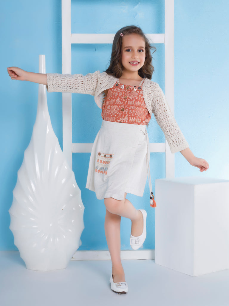 Girls Printed Skirt, Top & Shrug 20216