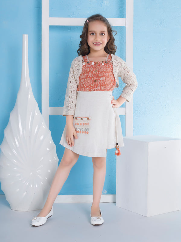 Girls Printed Skirt, Top & Shrug 20216