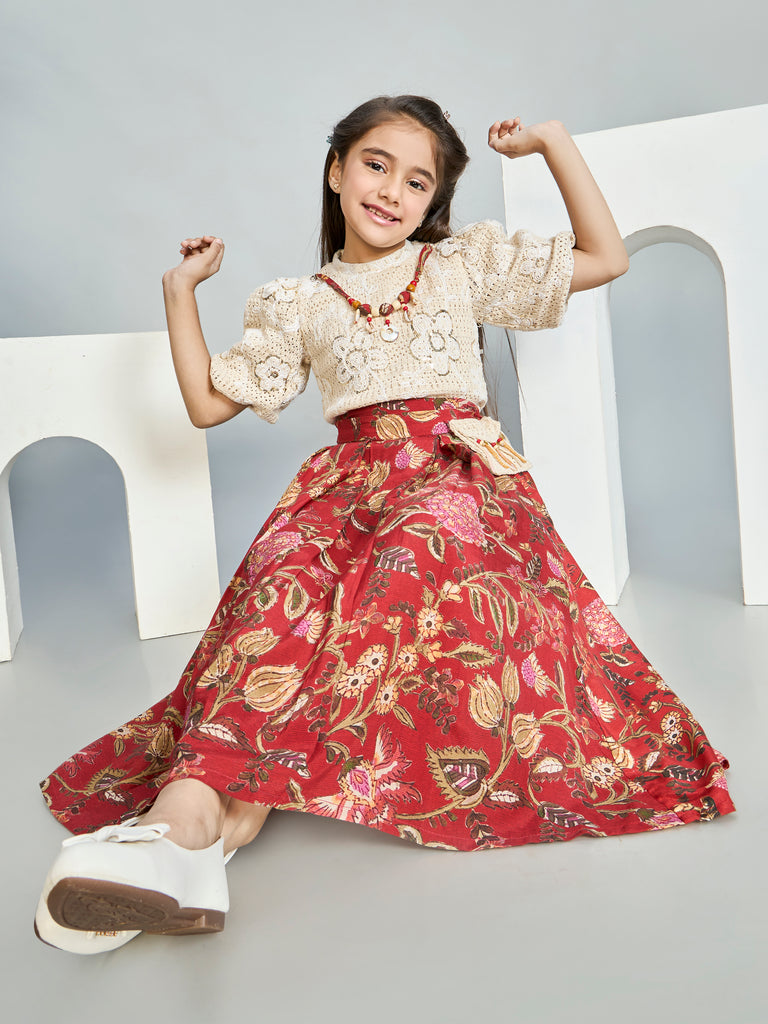Girls Floral Print Skirt & Top with Neckpiece 20287