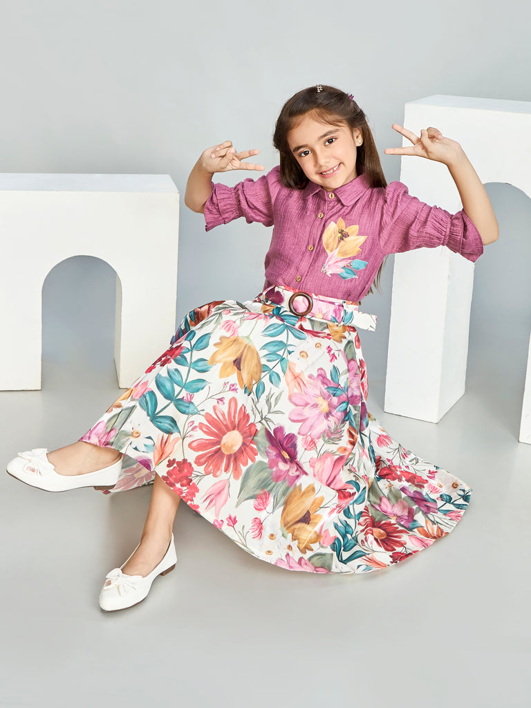 Girls Floral Print Skirt & Top with Belt 20288
