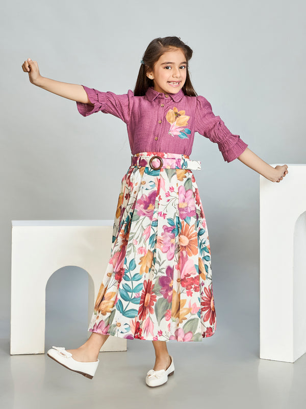 Girls Floral Print Skirt & Top with Belt 20288