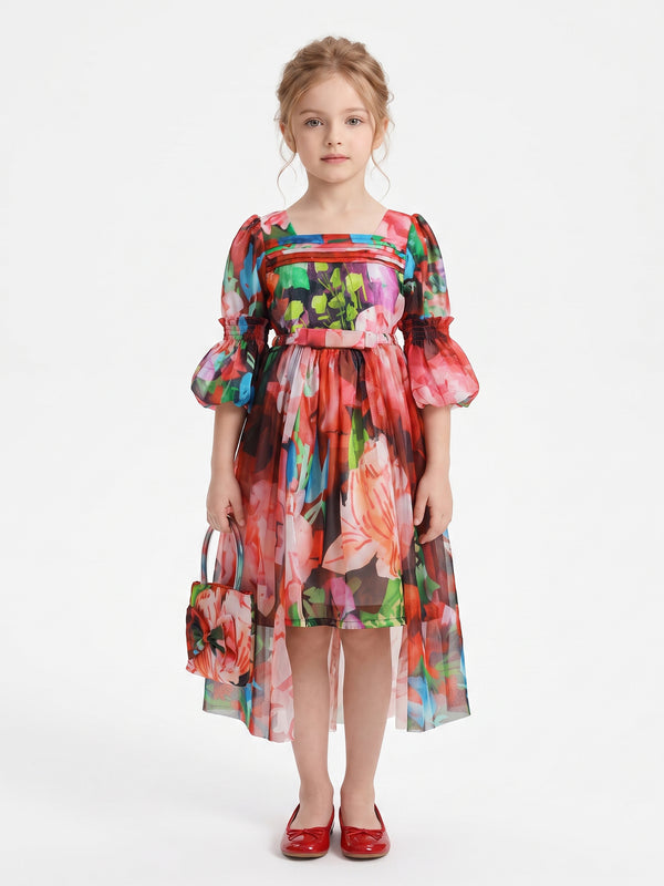 Girls Floral Print Dress with Purse 20463