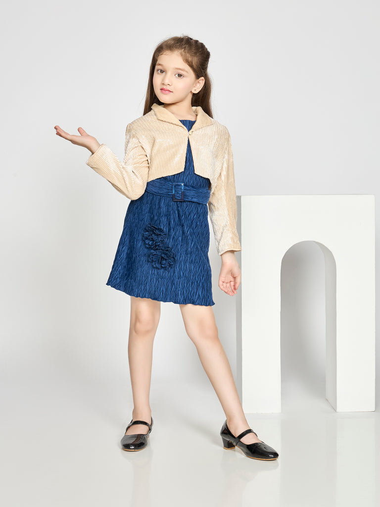 Girls Textured Dress & Jacket with Belt 20760