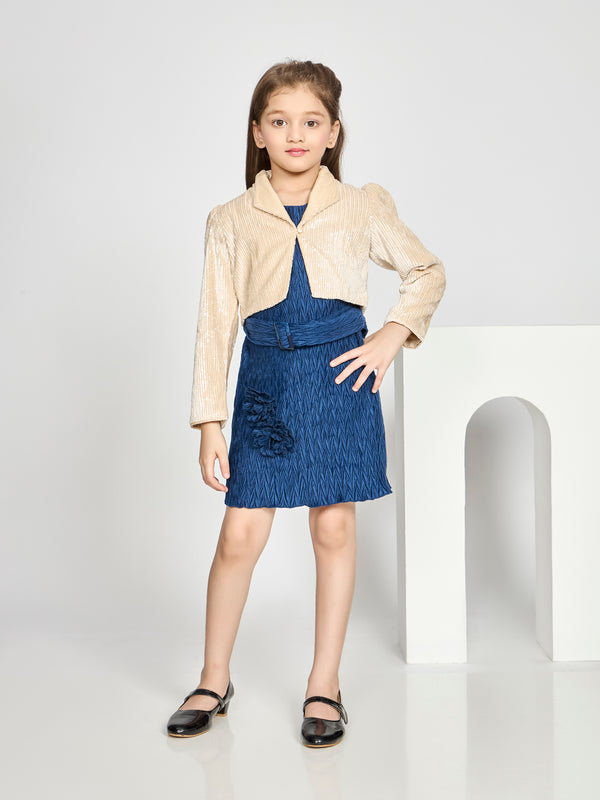 Girls Textured Dress & Jacket with Belt 20760