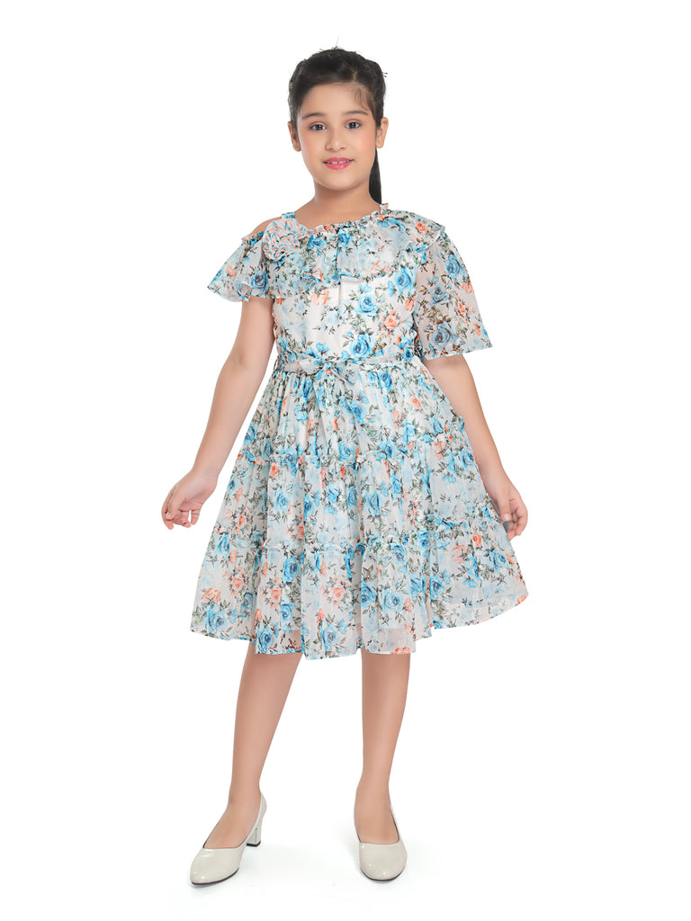 Girls Floral Print Dress with Belt 17958