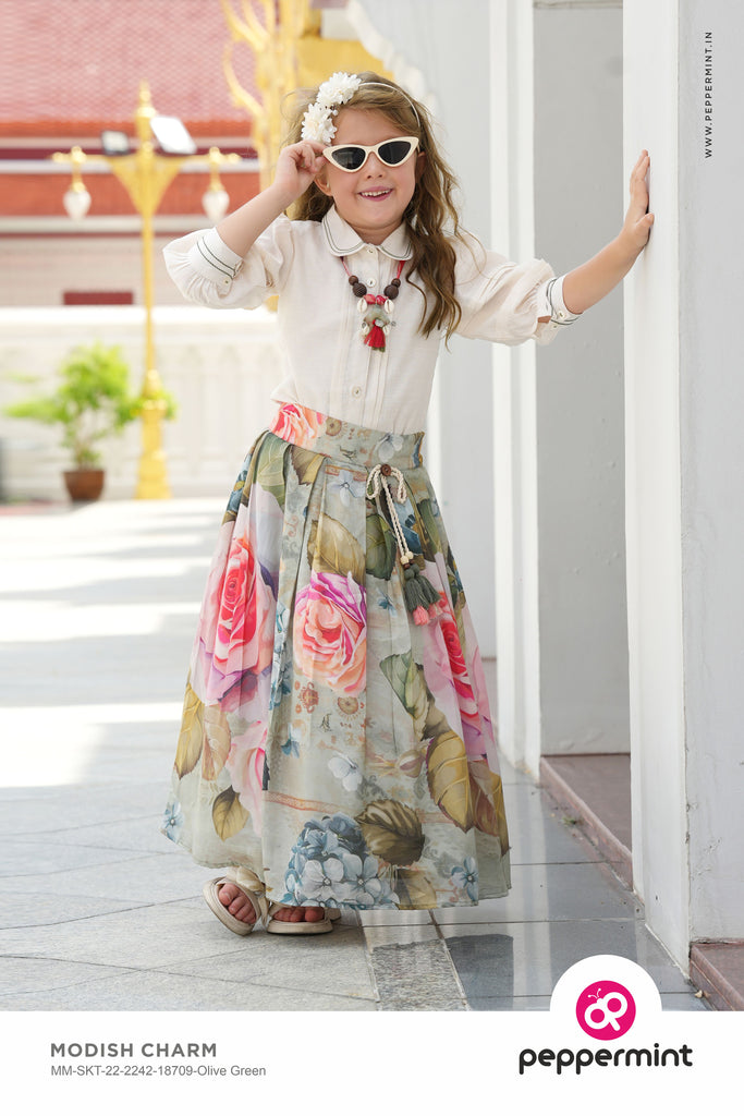 Girls Floral Print Skirt Top & Neckpiece 18709