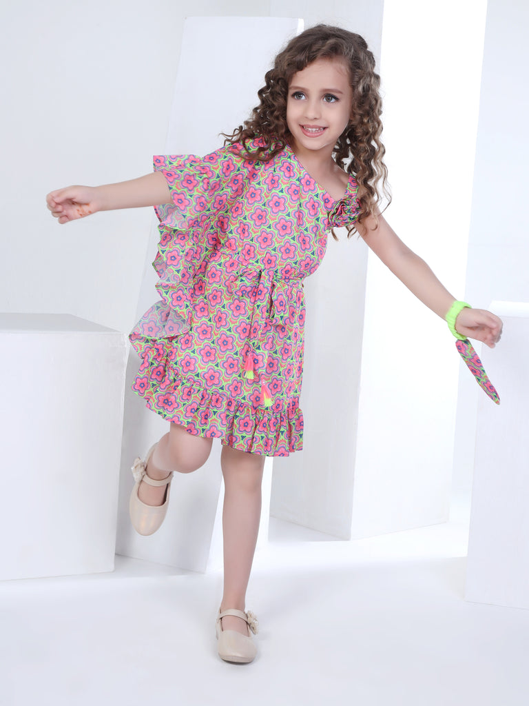 Girls Floral Print Dress with Wristband 16768