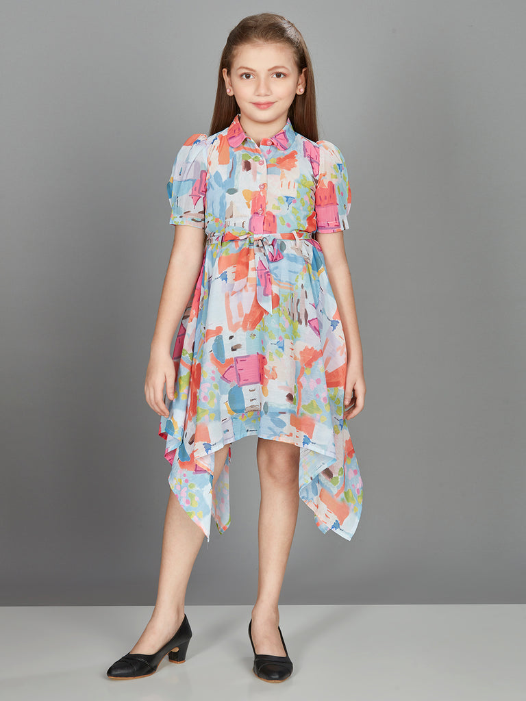 Girls Abstract Print Dress with Belt 16804