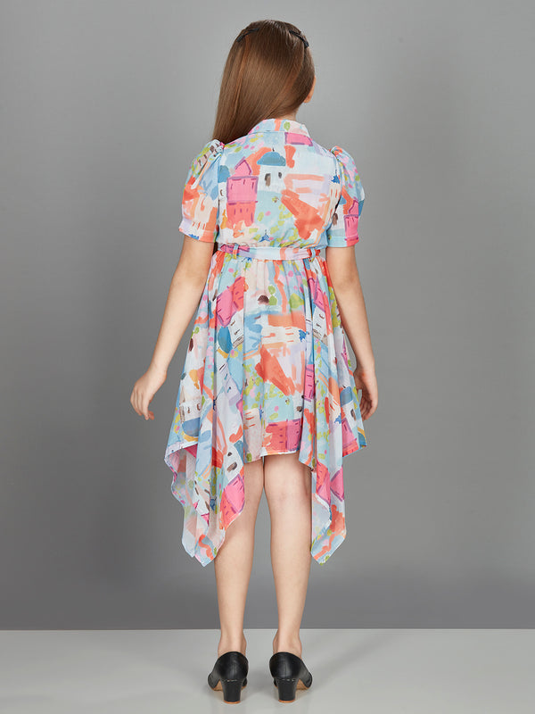 Girls Abstract Print Dress with Belt 16804