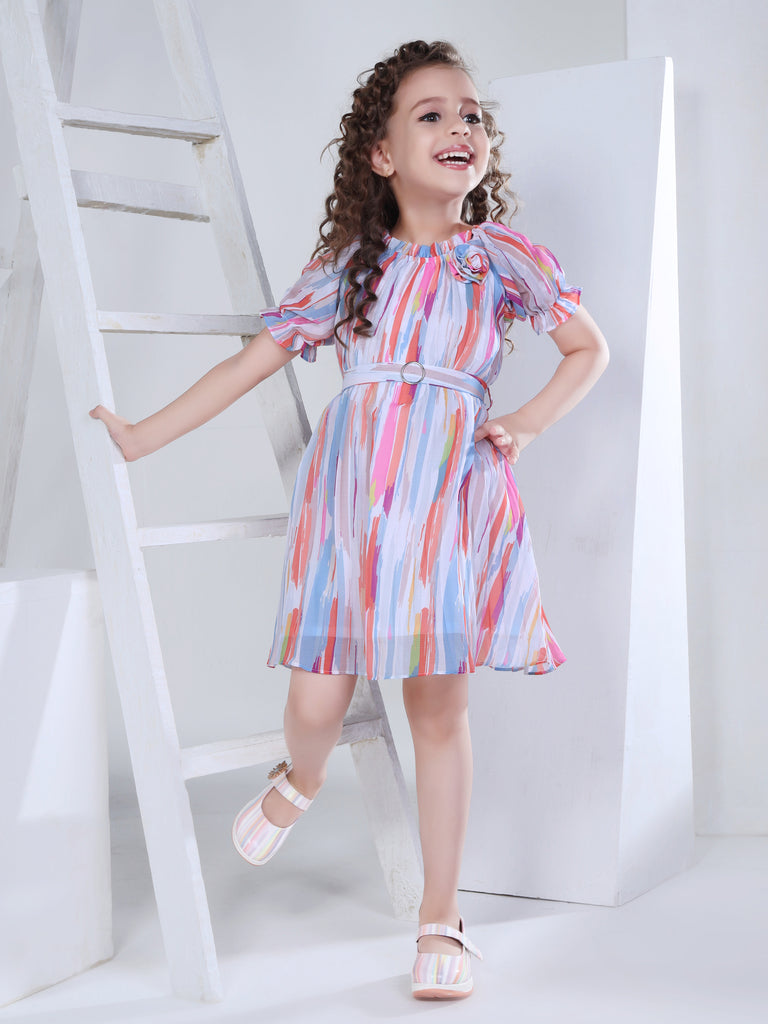 Girls Abstract Print Dress with Belt 16813