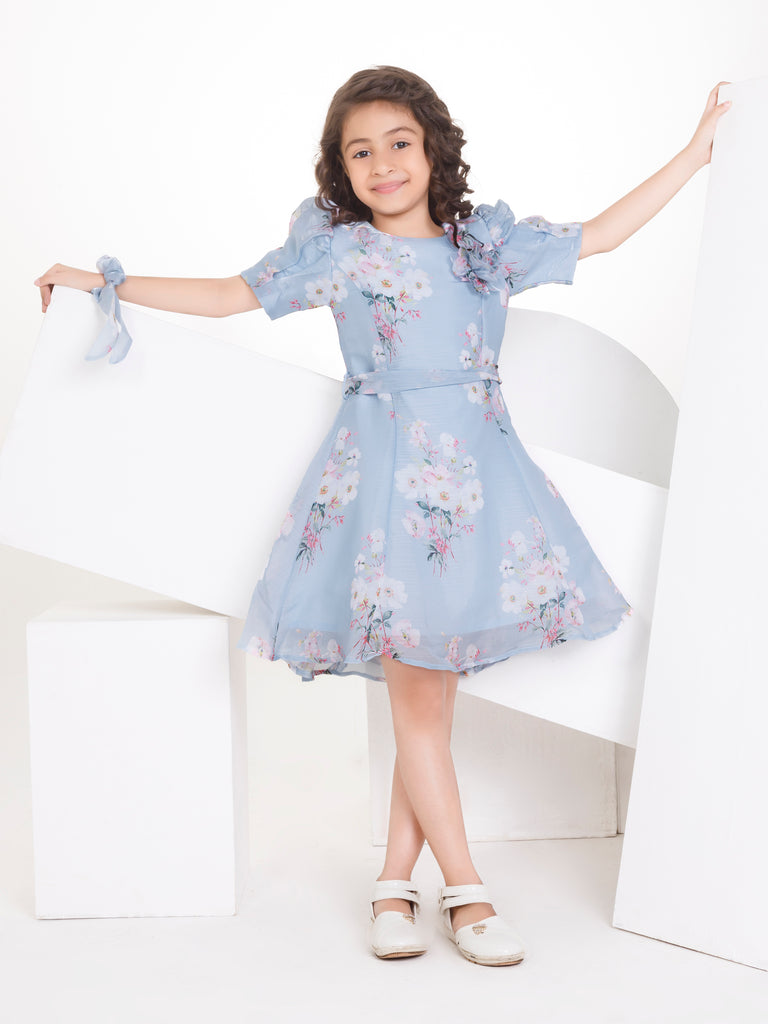 Girls Floral Print Dress with Belt 16916