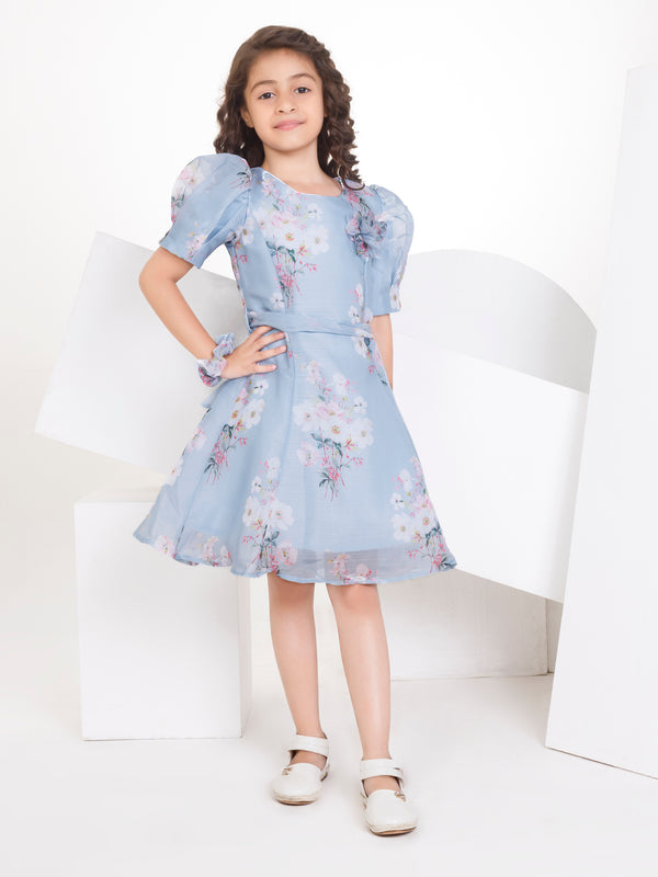 Girls Floral Print Dress with Belt 16916