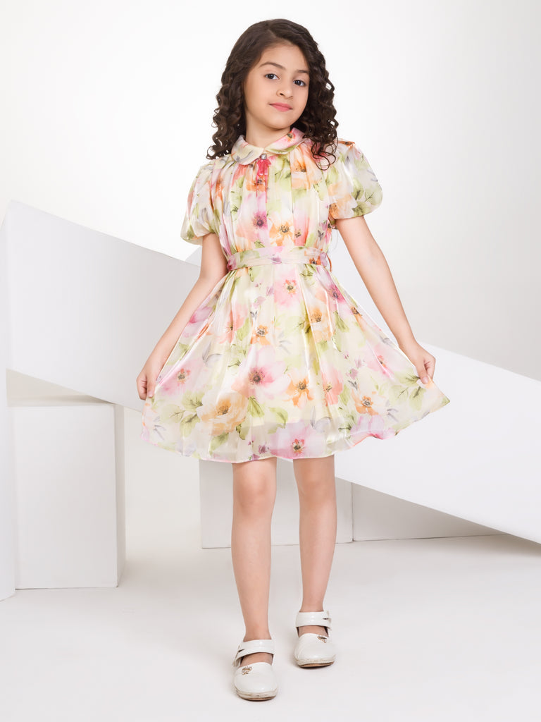 Girls Floral Print Dress with Belt 16931