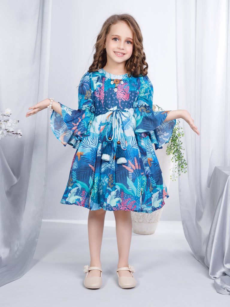 Girls Tropical Print Dress with Belt 17208