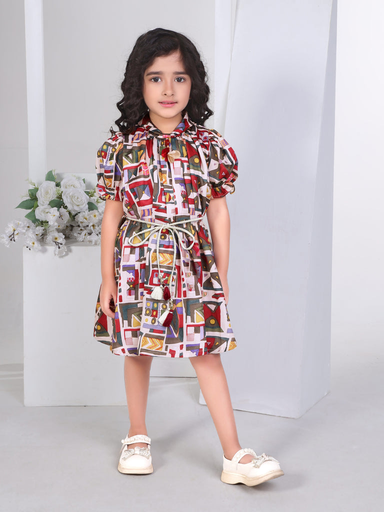 Girls Abstract Print Dress with Belt 17233