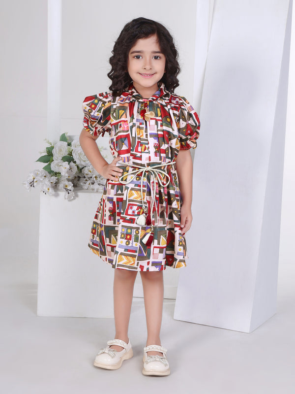 Girls Abstract Print Dress with Belt 17233