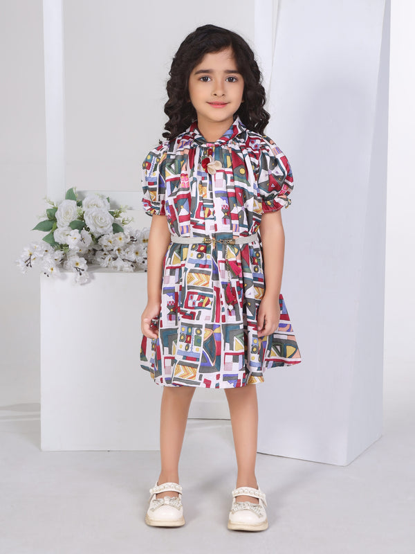 Girls Abstract Print Dress with Belt 17233